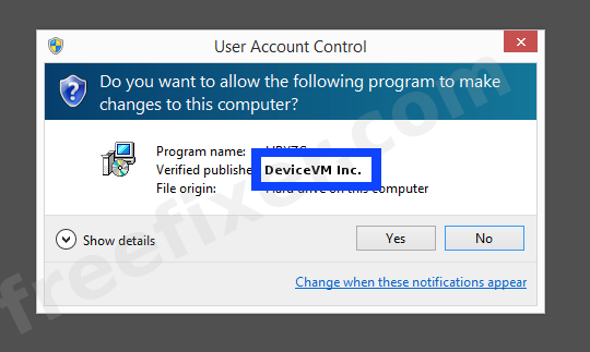Screenshot where DeviceVM Inc. appears as the verified publisher in the UAC dialog